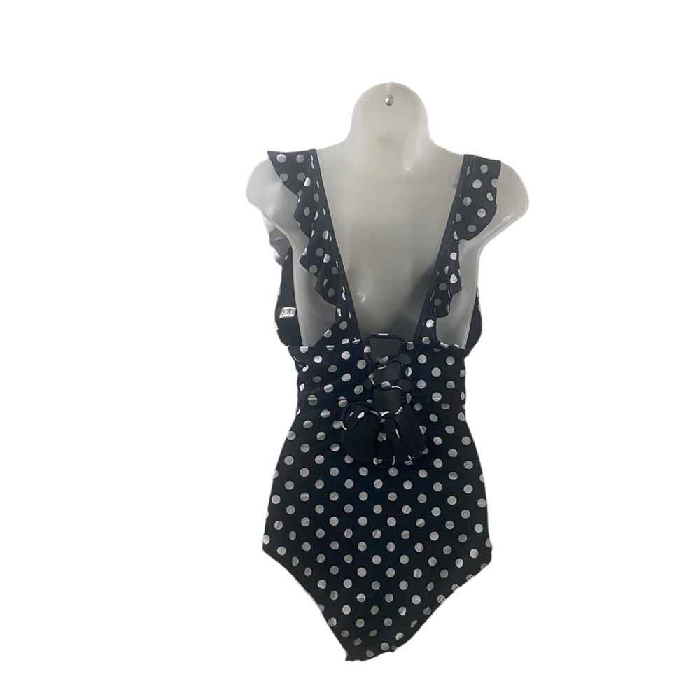 Ruffle lace up back Slimming Ruffle Black and White Polka Dot Swimsuit - Picture 5 of 8